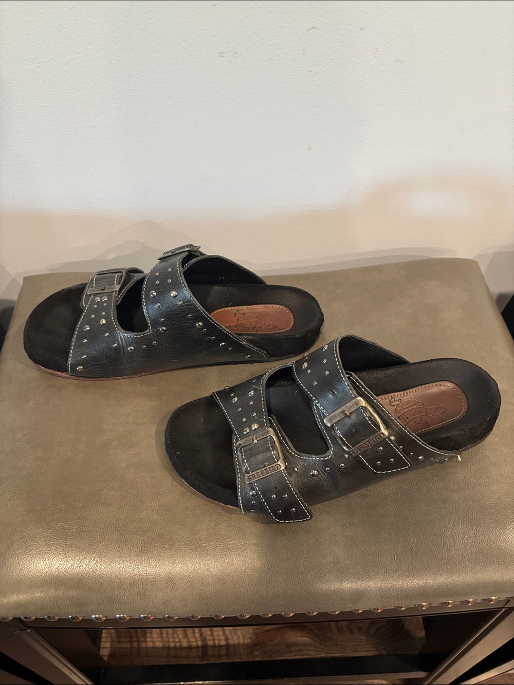 freebird Black Studded Double-Buckle Slide Sandals - Picture 3 of 6